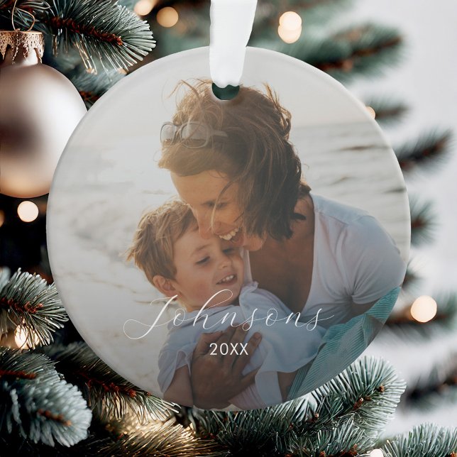Simple Photo Family Elegant Script Name and Year Ornament (Creator Uploaded)