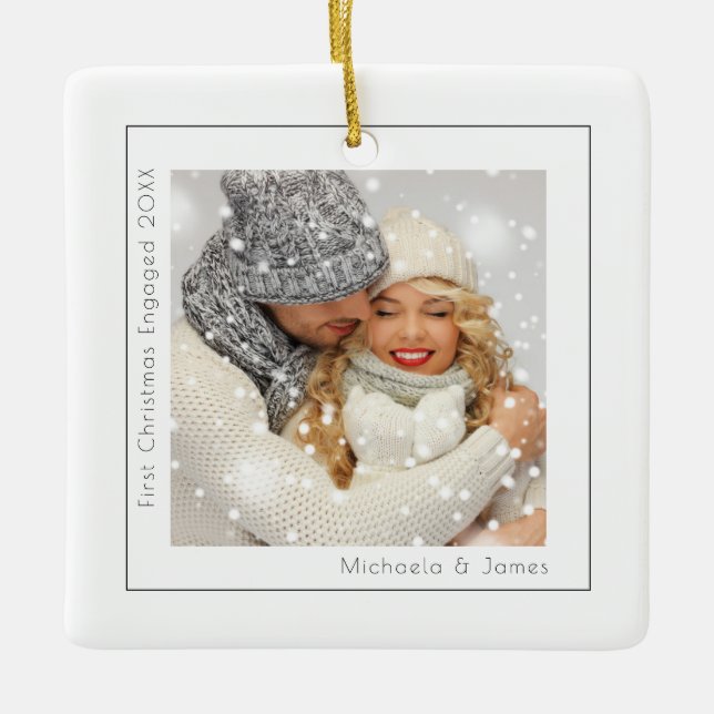 Simple Photo First Christmas Engaged Ceramic Ornament (Front)