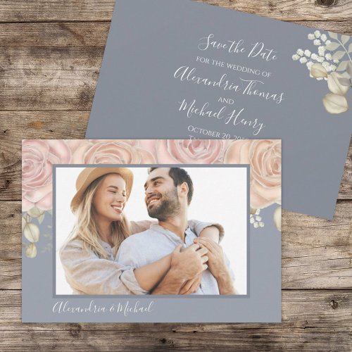 Simple Photo Floral Dusty Blue Blush Flower Save The Date