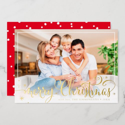 SIMPLE PHOTO FRAME fun calligraphy Merry Christmas Foil Holiday Card