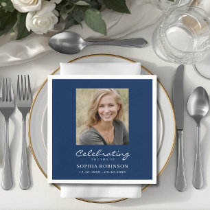 Simple Photo Funeral Memorial Blue Napkins