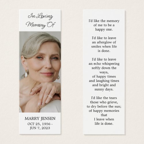 Simple Photo Funeral Memorial Bookmark