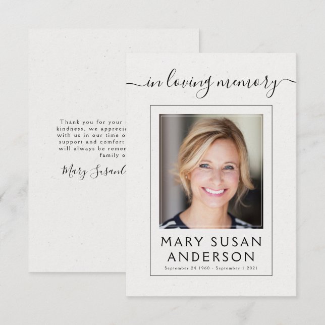 Simple Photo Funeral Memorial Thank You Note Card (Front/Back)