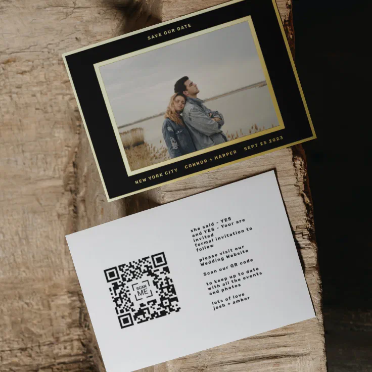 Simple photo Gold Border QR code save our date Foil Invitation | Zazzle