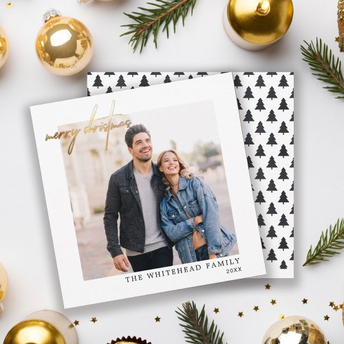 Simple Photo Gold Merry Christmas White Holiday Card
