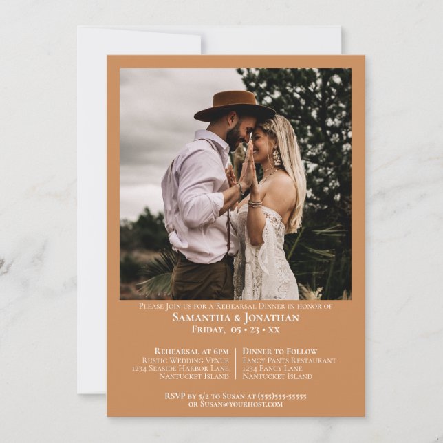 Simple Photo Golden Tan Wedding Rehearsal Dinner Invitation (Front)