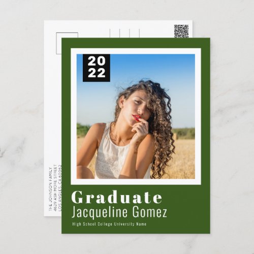 Simple Photo Graduation 2022 Announcement Green Postcard