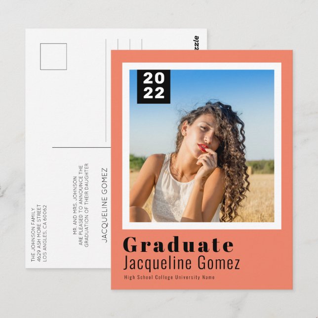 Simple Photo Graduation 2022 Announcement Salmon Postcard (Front/Back)