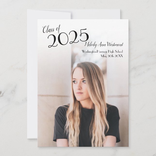 Simple Photo Graduation Announcement Modern Black (Front)