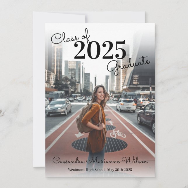 Simple Photo Graduation Announcement Modern Black (Front)