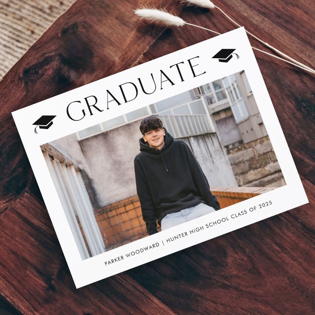 Simple Photo Graduation Invitation Postcard (Simple black and white cap photo graduation invitation announcement postcard.)