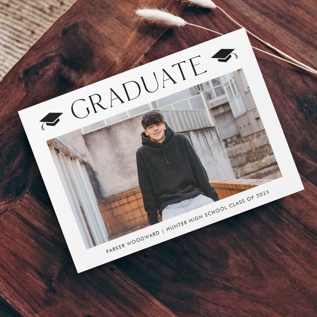 Simple Photo Graduation Magnetic Invitation (Simple black and white cap photo graduation announcement magnetic card.)