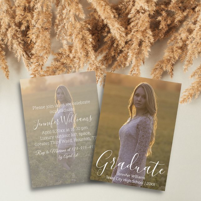 simple photo graduation party white calligraphy invitation (Creator Uploaded)