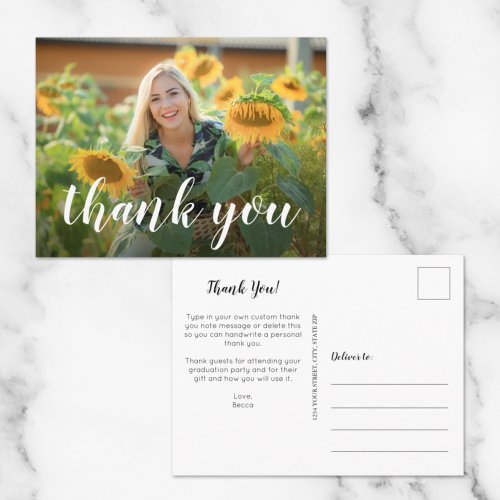 Simple Photo Graduation White Script Thank You Postcard