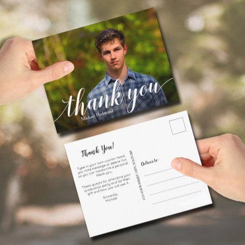 Simple Photo Graduation White Script Thank You Postcard