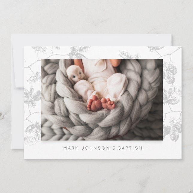 Simple Photo Gray Foliage Baptism Party Invitation (Front)