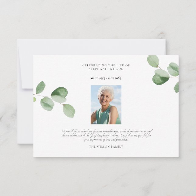 Simple Photo & Greenery Funeral Thank You Card (Back)