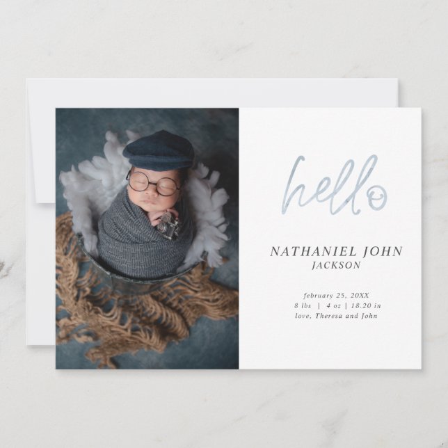 Simple Photo Hello Blue Typography Baby Announcement (Front)