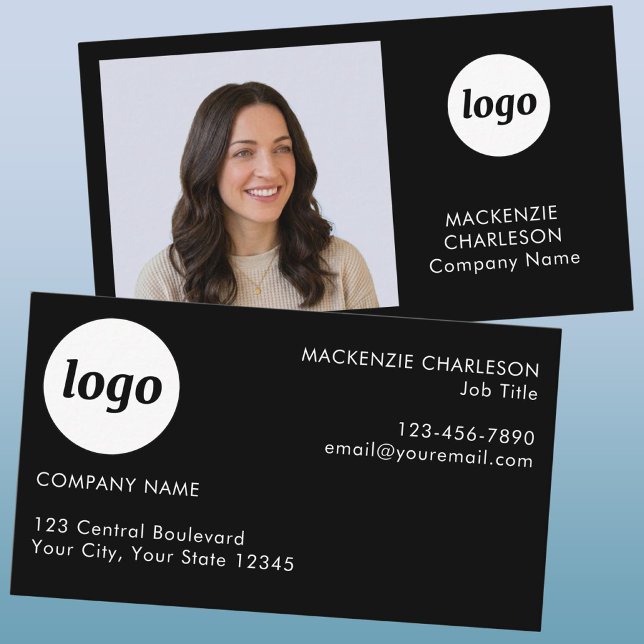 Simple Photo Logo Text Black Business Card (Simple logo, custom text and photo business card )