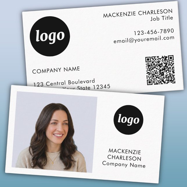 Simple Photo Logo Text QR Code Business Card (Logo, QR code, photo and text professional business card)