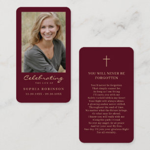 Simple Photo Memorial Burgundy Gold Prayer Card