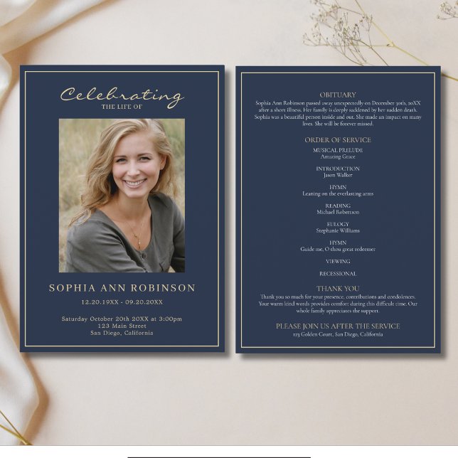 Simple Photo Memorial Order Of Service Gold Blue  Program (Creator Uploaded)
