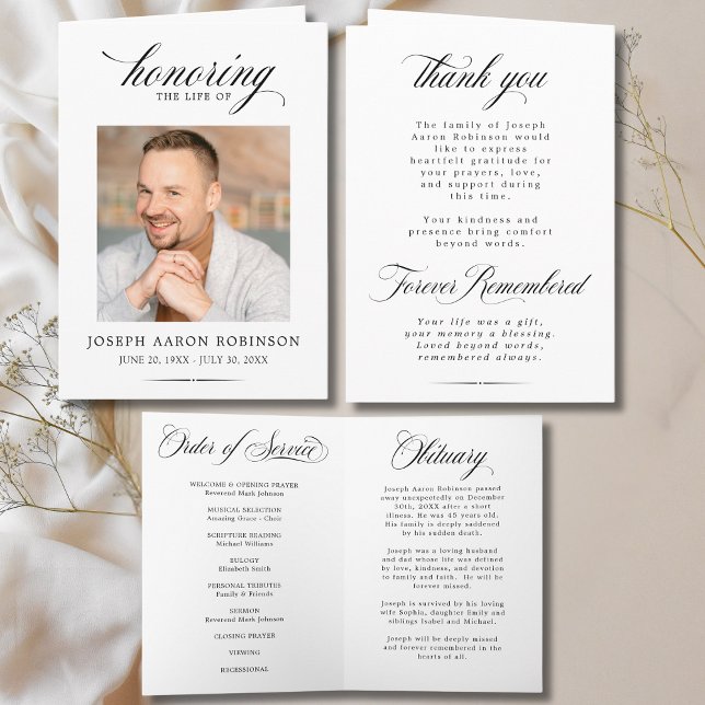 Simple Photo Memorial Order of Service Program  (FRONT, INSIDE & BACK OF FUNERAL PROGRAM)