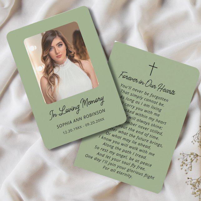 Simple Photo Memorial Sage Green Prayer Card (Creator Uploaded)