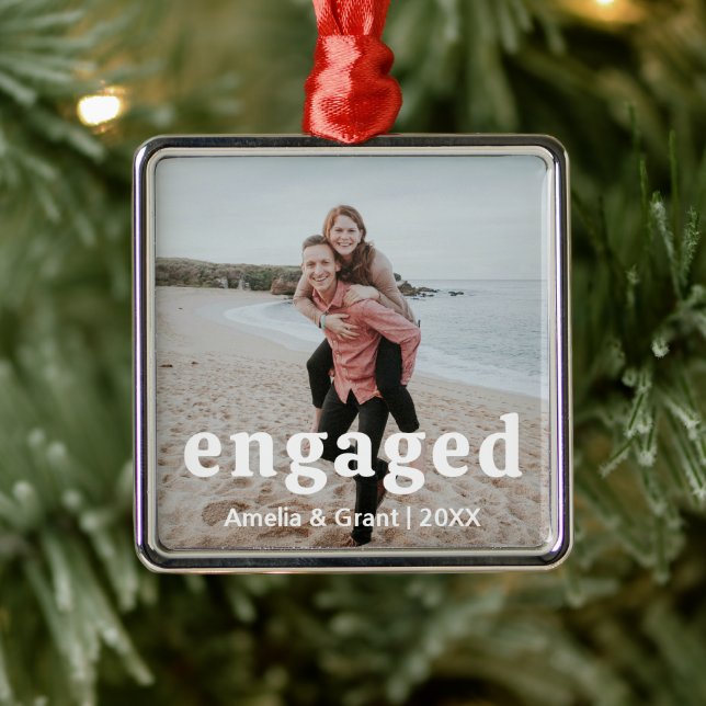 Simple Photo Modern First Christmas Engaged Metal Ornament (Tree)