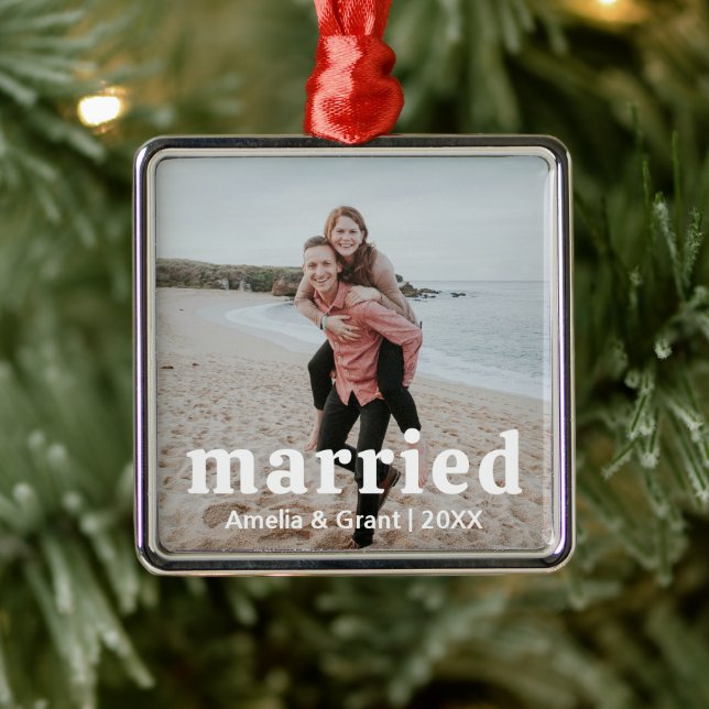 Simple Photo Modern First Christmas Married Metal Ornament (Tree)