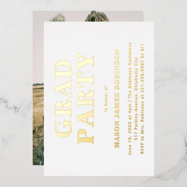 Simple Photo Modern Graduation Party Foil Invitation (Front/Back)