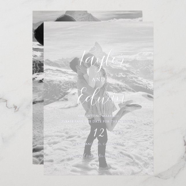 Simple Photo Modern Wedding Save The Date Silver Foil Invitation (Front/Back)