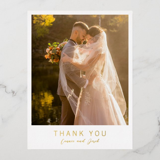 Simple Photo Modern Wedding Thank You Foil Invitation Postcard (Front)