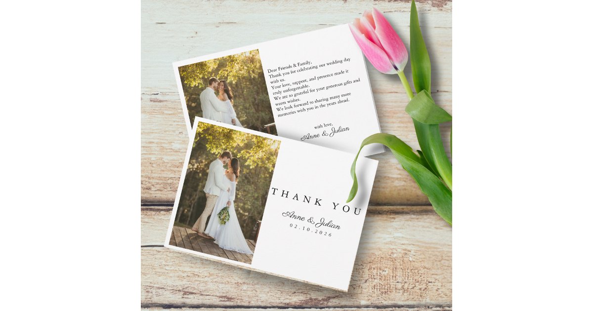 Simple Photo Modern Wedding W Note Landscape Thank You Card | Zazzle
