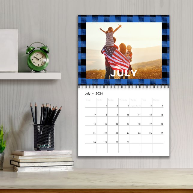 Simple Photo Months Colorful Buffalo Check Pattern Calendar (Edit the text and add your own. )