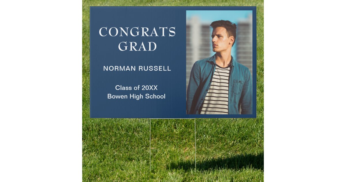 Navy Grad Sign Simple Photo Navy Blue Modern Graduation Sign | Zazzle