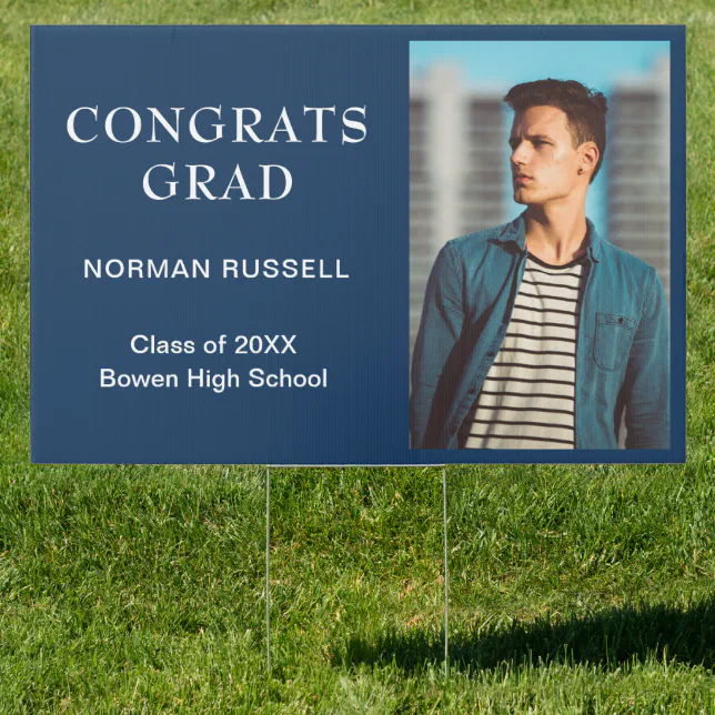 Navy Grad Sign Simple Photo Navy Blue Modern Graduation Sign | Zazzle