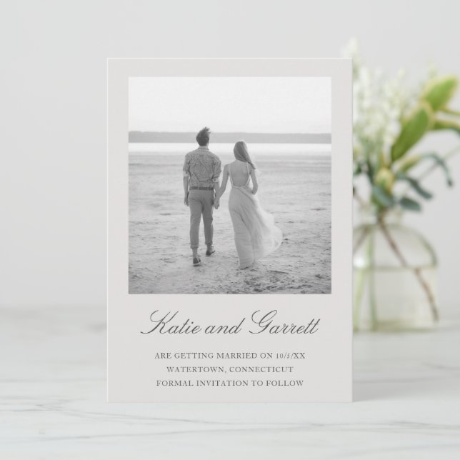 Simple Photo Neutral Gray Elegant Wedding Save The Date (Standing Front)