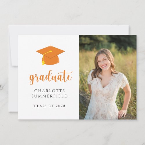 Simple Photo Orange White Graduation Announcement