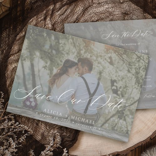 Simple photo overlay elegant script wedding save the date