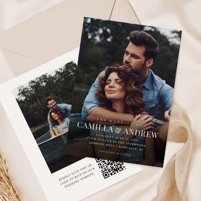 Simple Photo Overlay QR code Wedding  Invitation (Simple typography overlay photo wedding invitation with QR code rsvp on the back.)