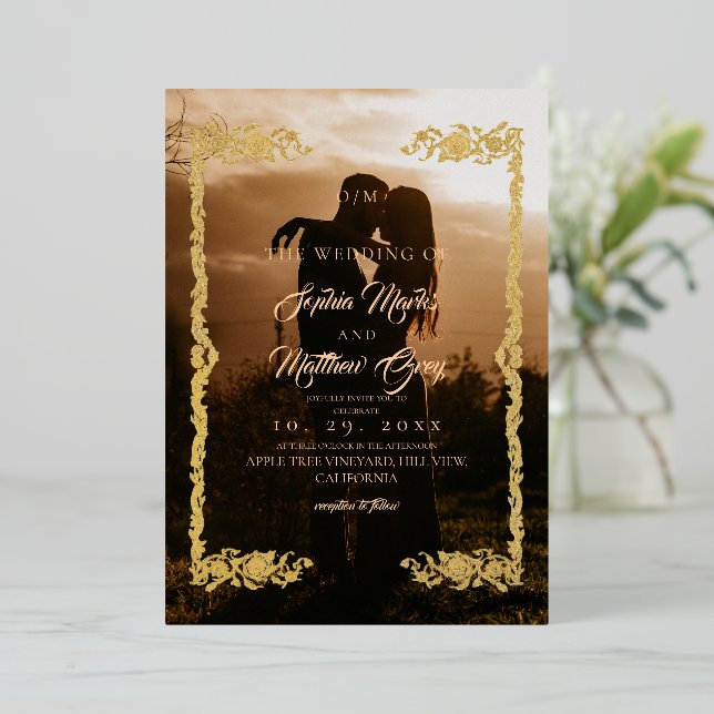 Simple Photo Overlay Wedding Foil Invitation (Standing Front)