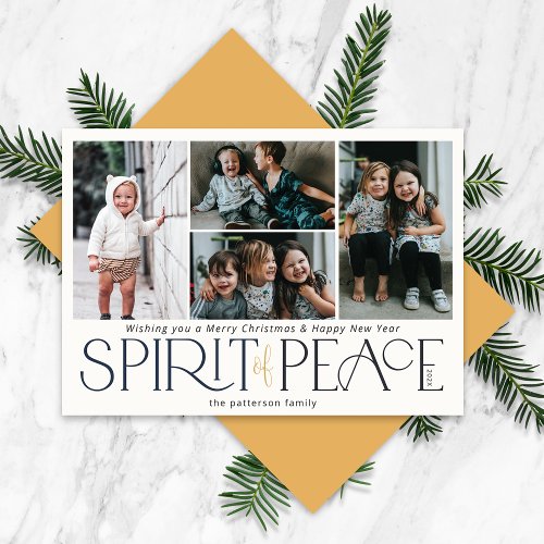 Simple Photo Peace Navy Gold Holiday Card