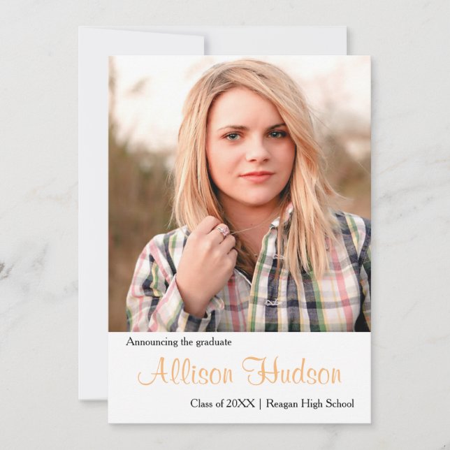 Simple Photo Peach Name - Graduation Announcement (Front)