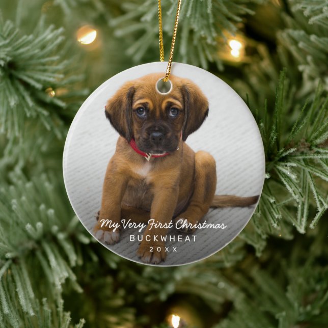 Simple Photo Puppy First Christmas Modern Ceramic Ornament (Tree)