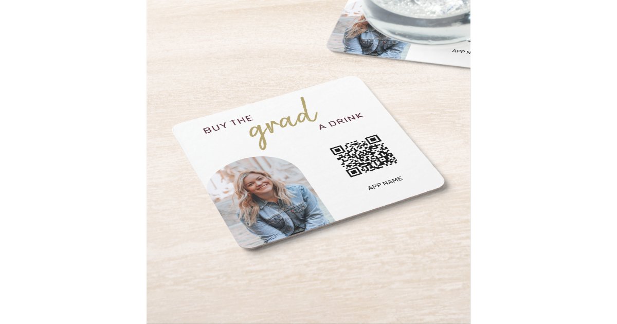 Simple Photo QR Code Buy the Grad a drink Square Paper Coaster | Zazzle