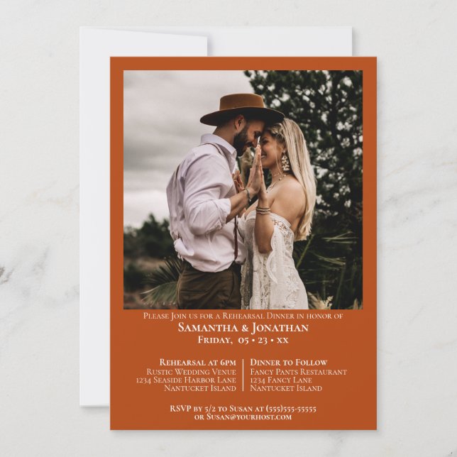 Simple Photo Rust Orange Wedding Rehearsal Dinner Invitation (Front)