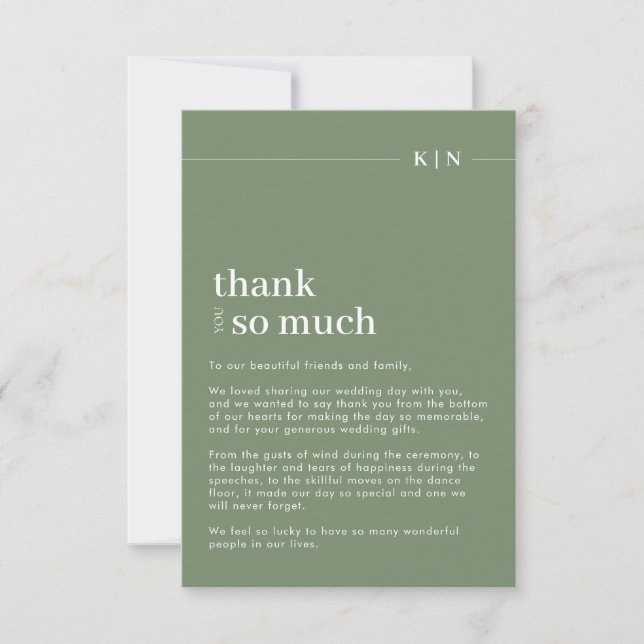 Simple Photo Sage Green Monogram Wedding  Thank You Card (Front)