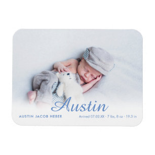 Simple Photo Script Name Blue Birth Announcement Magnet