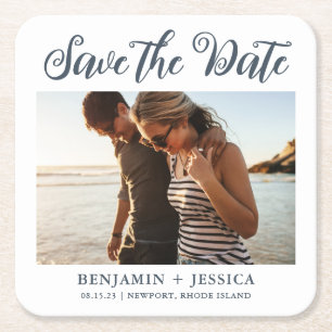 Simple Photo Wedding Blue and White Save the Date Square Paper Coaster